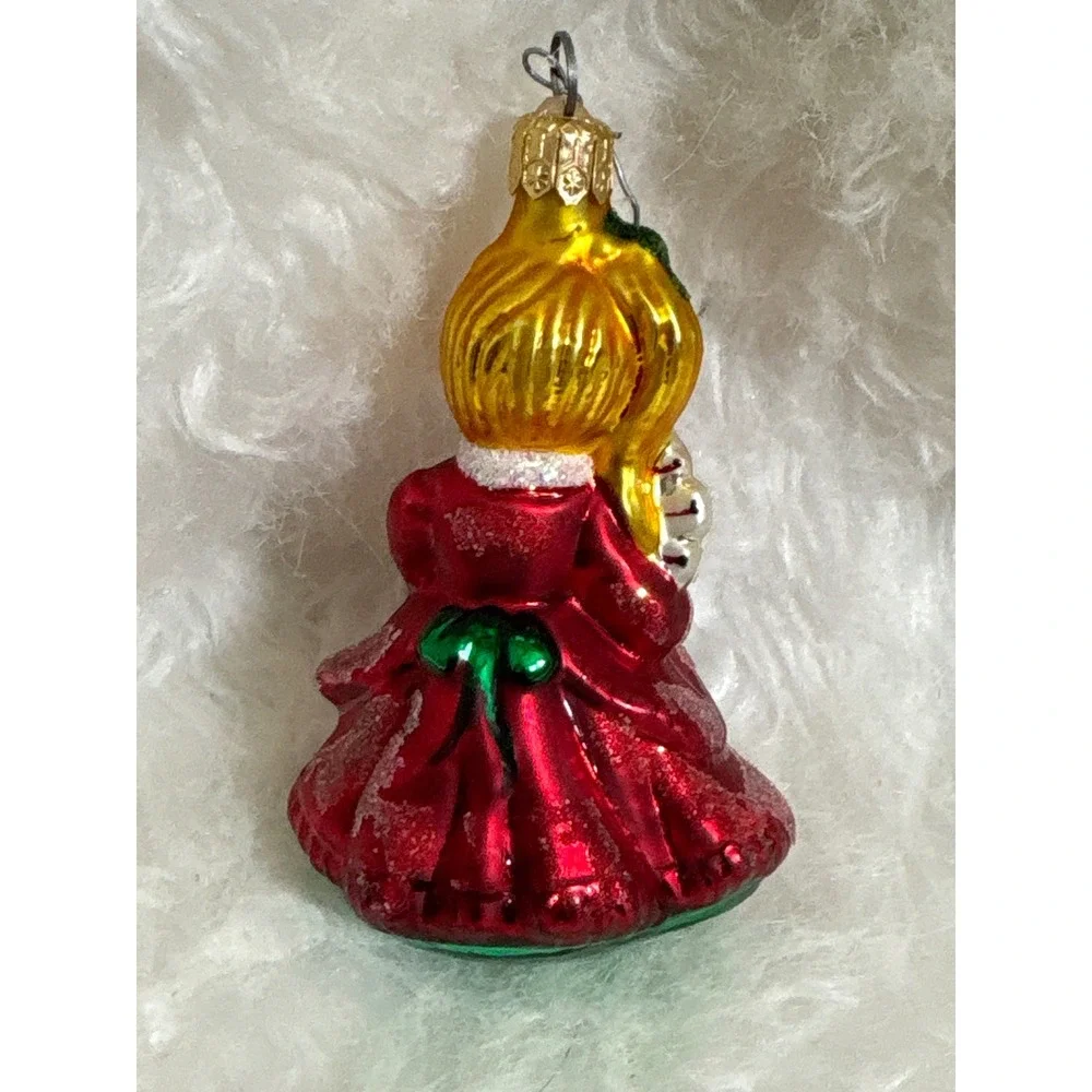 Vintage Blown Glass Girl Ornament Red Dress Victorian Lady Christmas Fan Decor